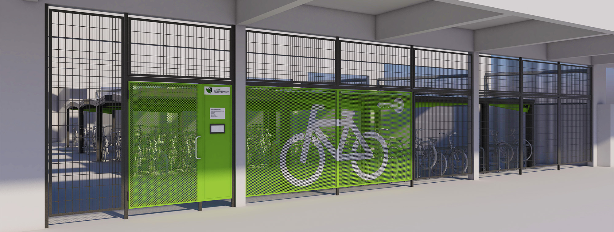 Hier können Fahrräder gesichert abgestellt werden: Sammelschließanlage mit neuer Zaun- und Türanlage (Visualisierung)
