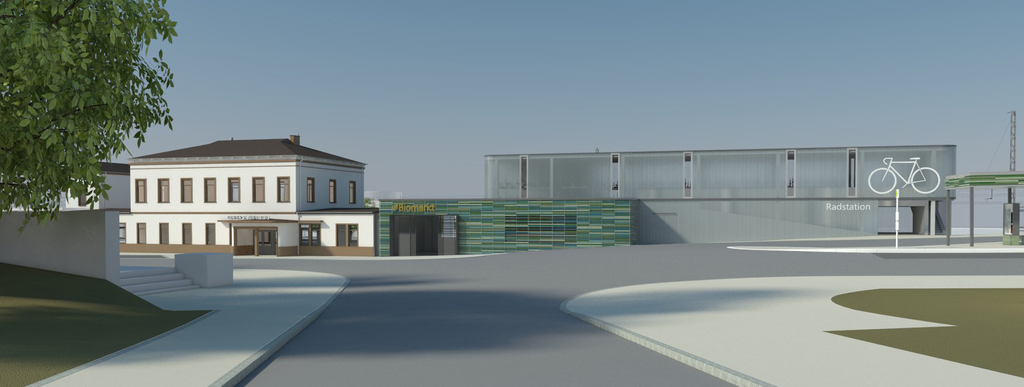In Kombination mit der Funktion Nahversorgung befindet sich die Fahrradstation in Verlängerung des Empfangsgebäudes (Visualisierung)