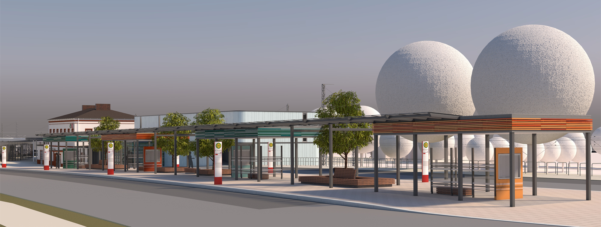 Blick auf den neuen Busbahnhof mit dem saniertem Empfangsgebäude und Fahrradparkhaus im Hintergrund (Visualisierung)