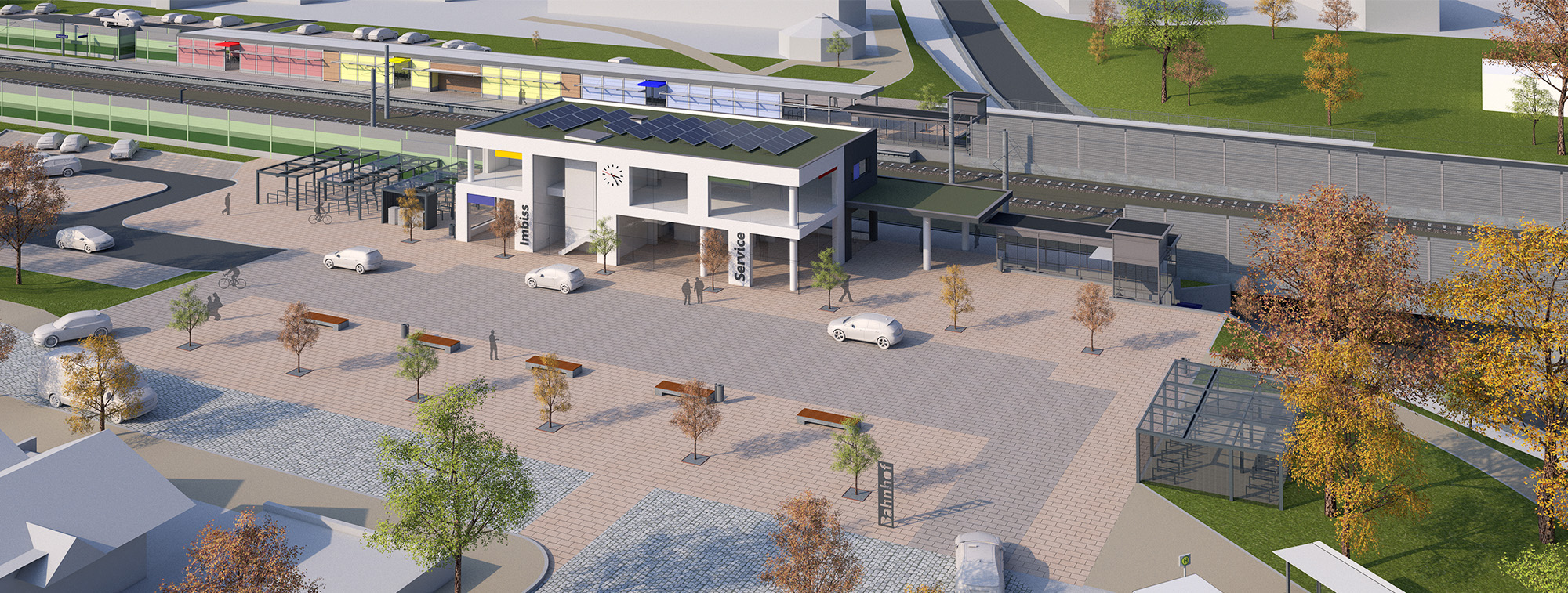 Die 3D-Visualisierung zeigt das Servicegebäude und den westlichen Bahnhofsvorplatz