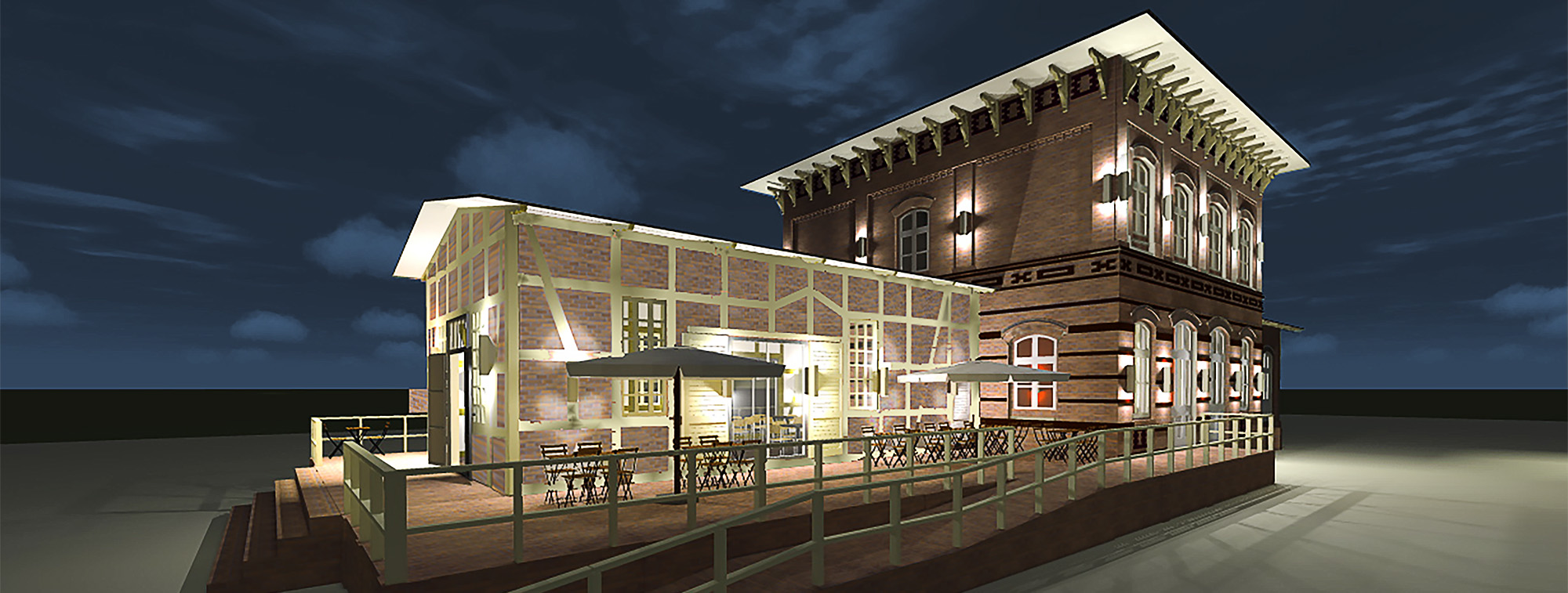 Das Bahnhofsgebäude bei Nacht (Visualisierung)